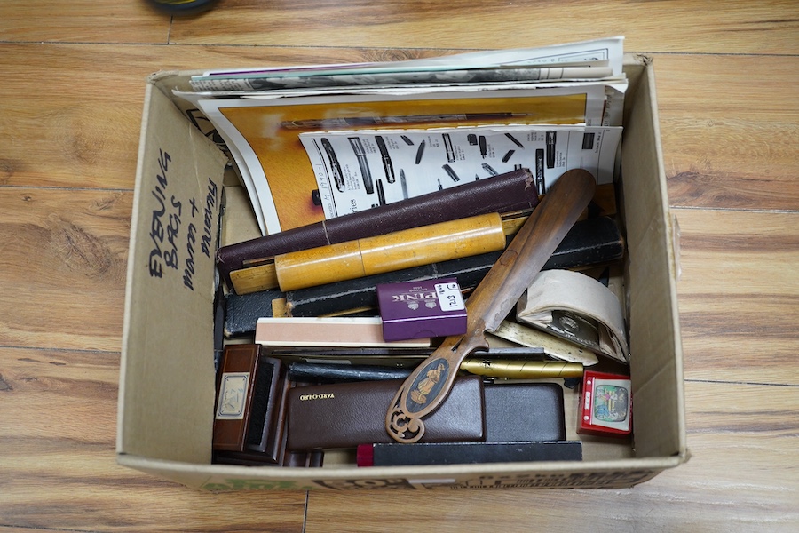 A collection of writing accessories including rulers, scientific rulers, paper knives, a Mauchline ware pencil case, pen nibs, etc. Condition - fair